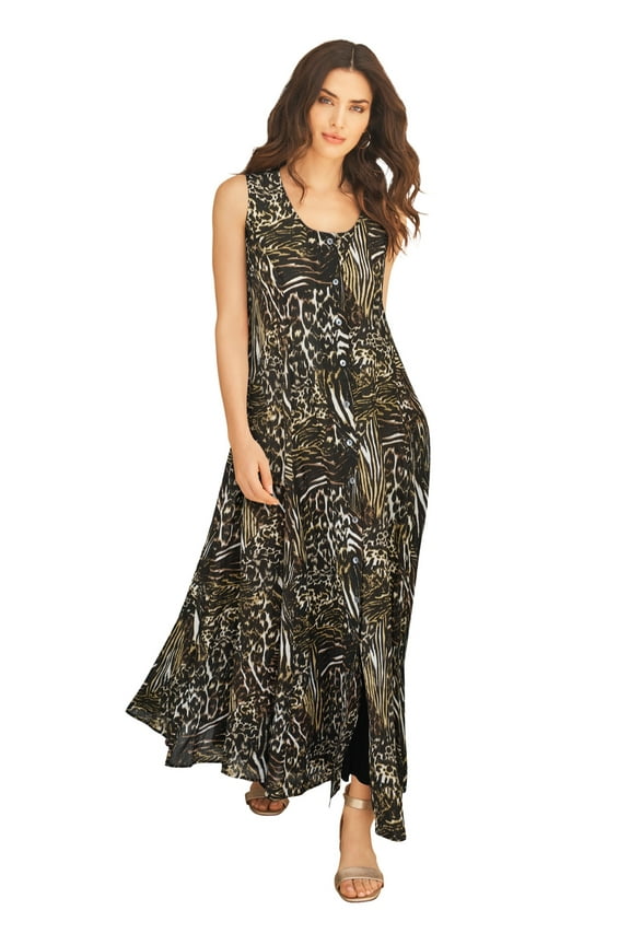 Women's Plus Size Sleveless Hand-Crinkled Button-Front A-Line Maxi – Curvy Breezy Dress