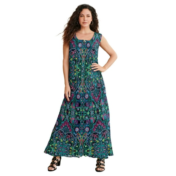 Roaman's Women's Plus Size Sleveless Hand-Crinkled Button-Front A-Line Maxi – Curvy Breezy Dress