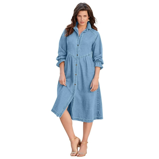 Roaman's Women's Plus Size Button-Front Denim Shirtdress - Walmart.com