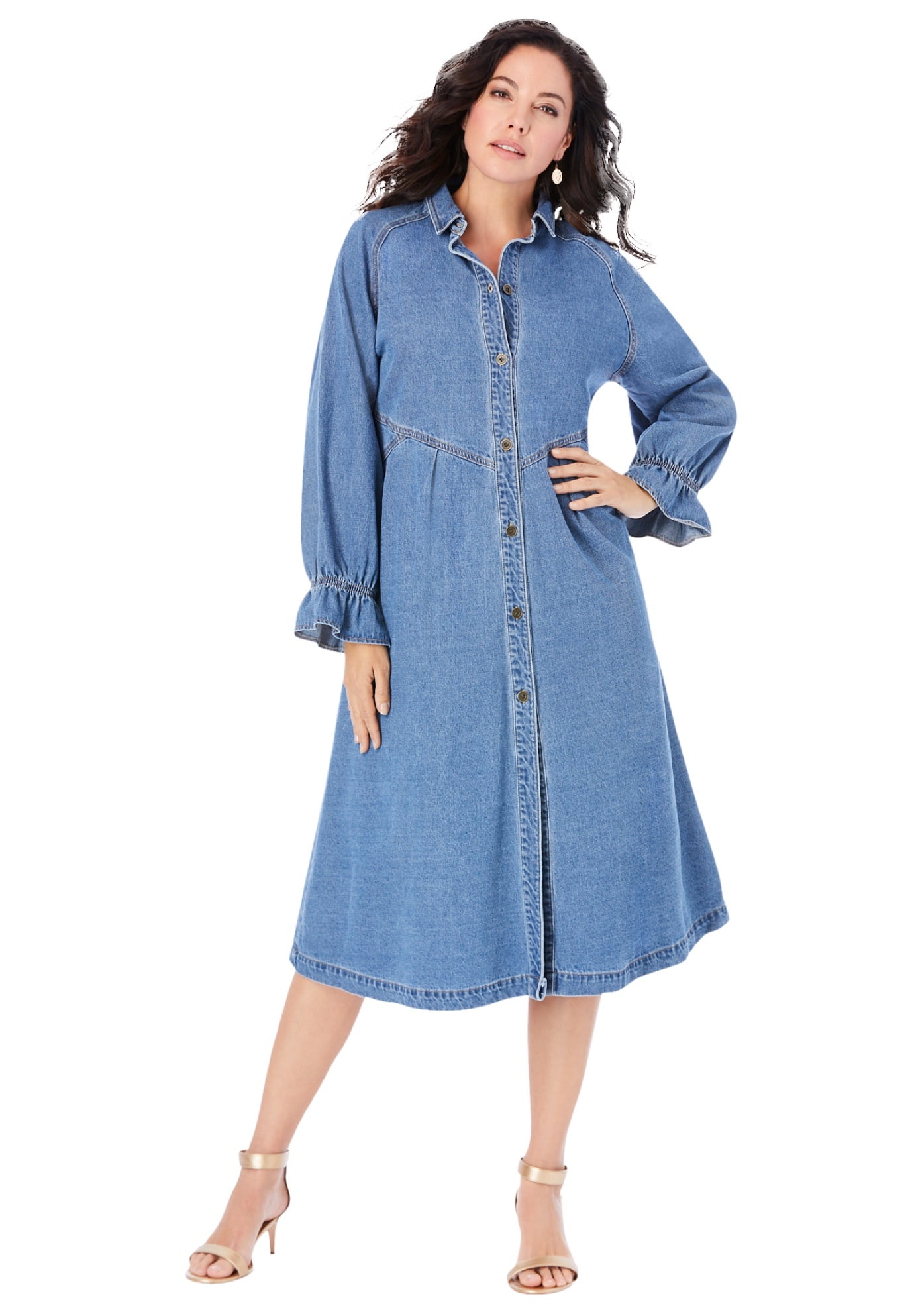 Roaman's Women's Plus Size Button-Front Denim Shirtdress - Walmart.com