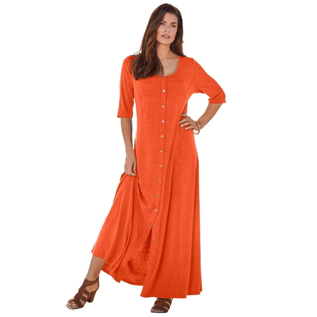 Roaman's Women's Plus Size Button Front Heathered Dress