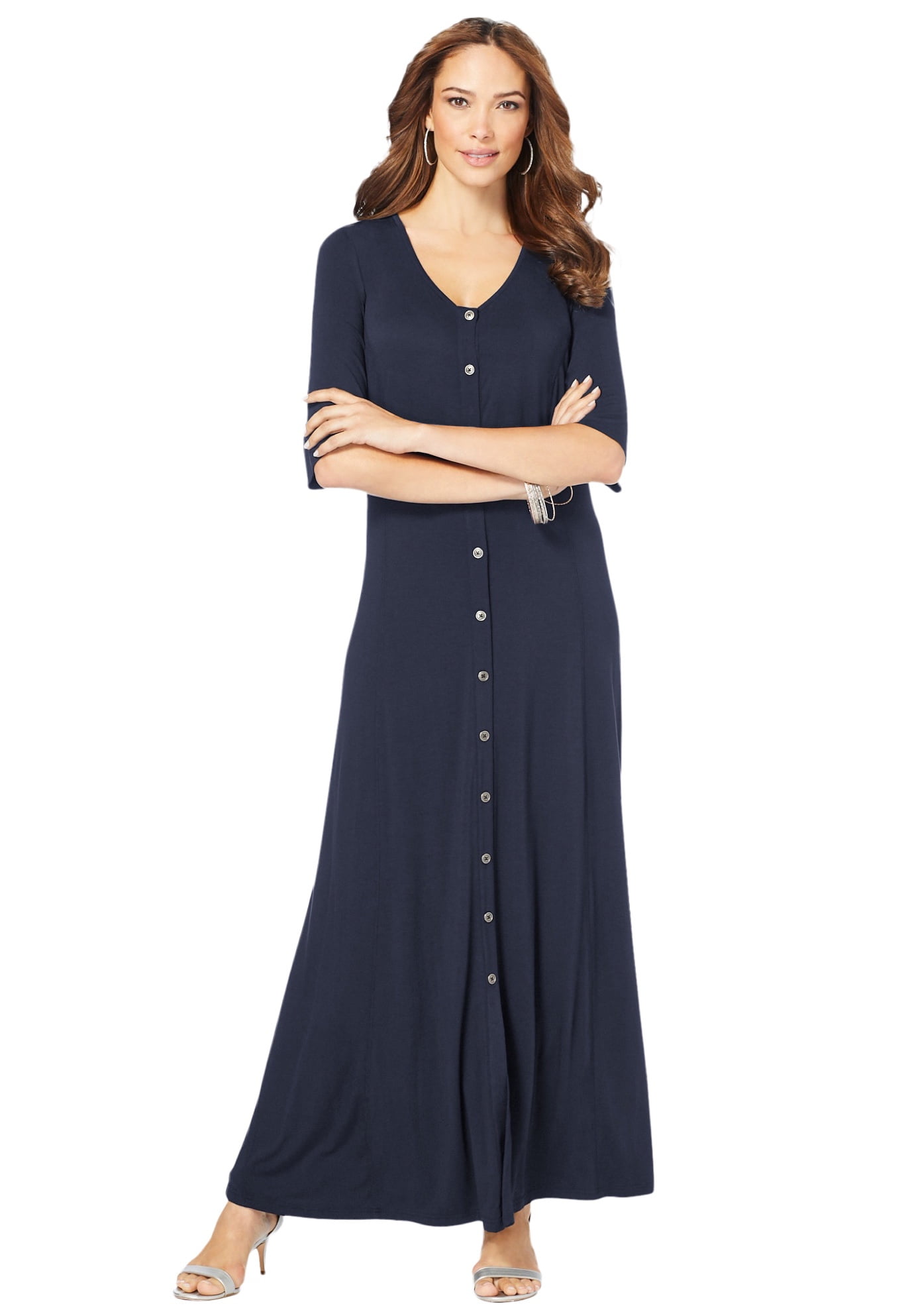 Roaman's Women's Plus Size Button Front Maxi Dress - 14/16, Navy ...