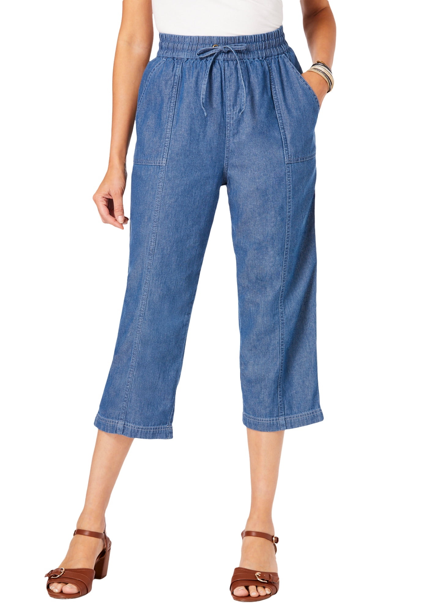 Mineral Washed Chambray Wide Leg Capri Pants