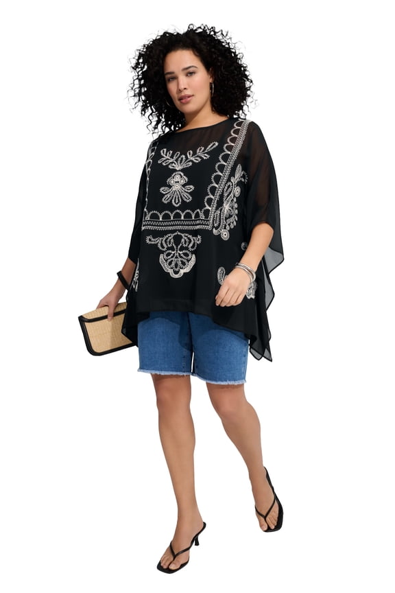 Women's Plus Size Chiffon Boatneck Embroidered Soutache Poncho