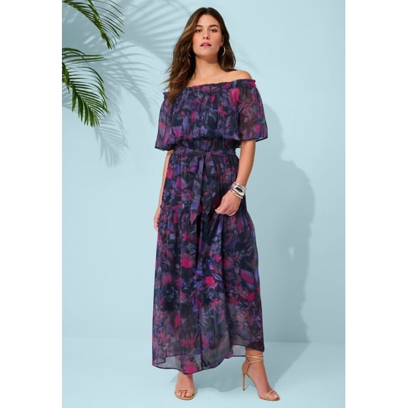 Roaman's Women's Plus Size Chiffon Off-The-Shoulder Maxi Dress