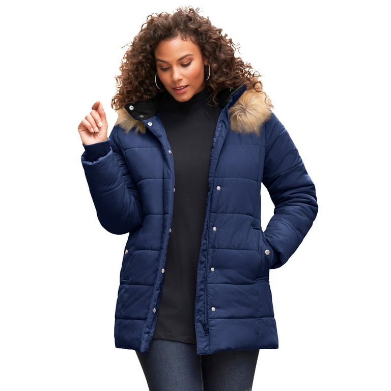 Roaman's Women's Plus Size Classic-Length Puffer Jacket With Hood