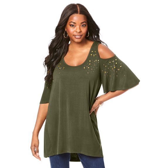 Roaman's Women's Plus Size Cold-Shoulder Ultra Femme Tunic Long Shirt