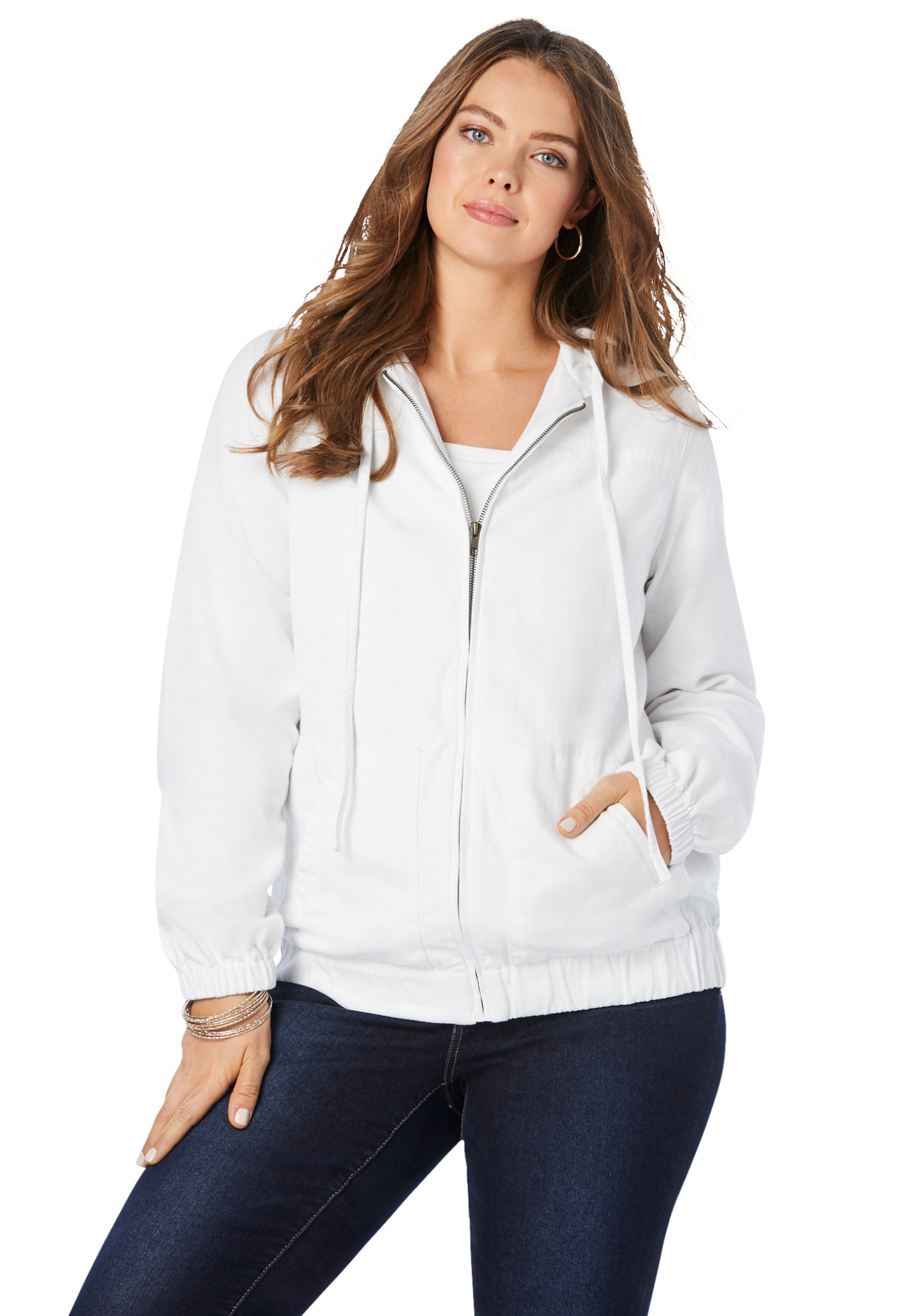 Roaman's Women's Plus Size Cotton Complete Zip-Up Hoodie Denim Jacket - image 1 of 5
