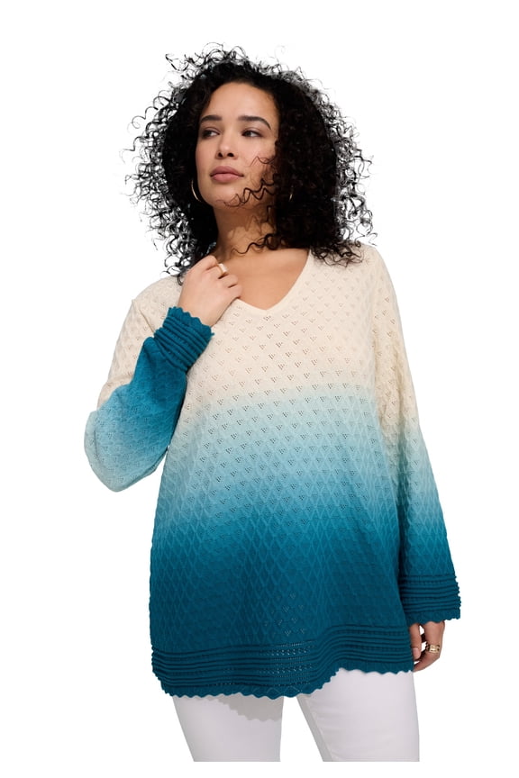 Women's Plus Size Cotton Openwork Ombre V-Neck Pullover Sweater