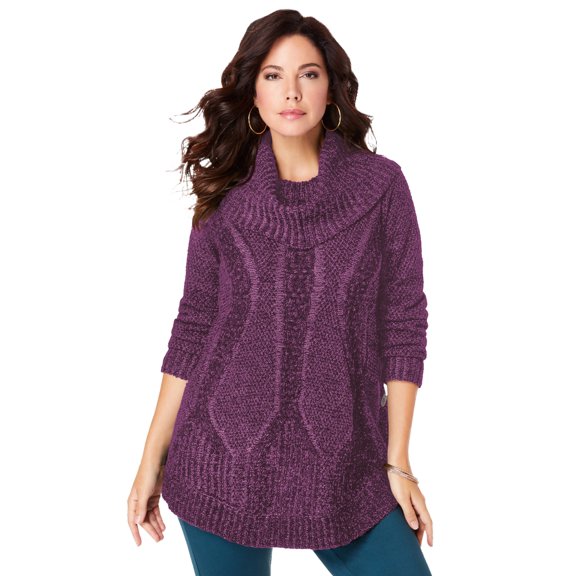 Roaman's Women's Plus Size Cowl Neck Cable Pullover Sweater