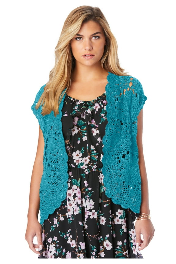 Women's Plus Size Scallop Trim Crochet Cardigan Sweater