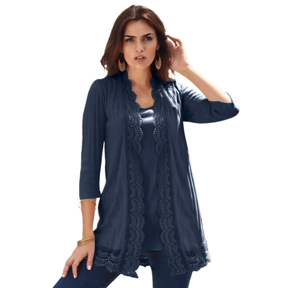 Roaman's Women's Plus Size Crochet Trim Pointelle Cardigan