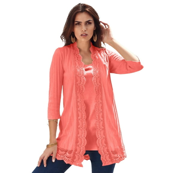 Roaman's Women's Plus Size Crochet Trim Pointelle Cardigan