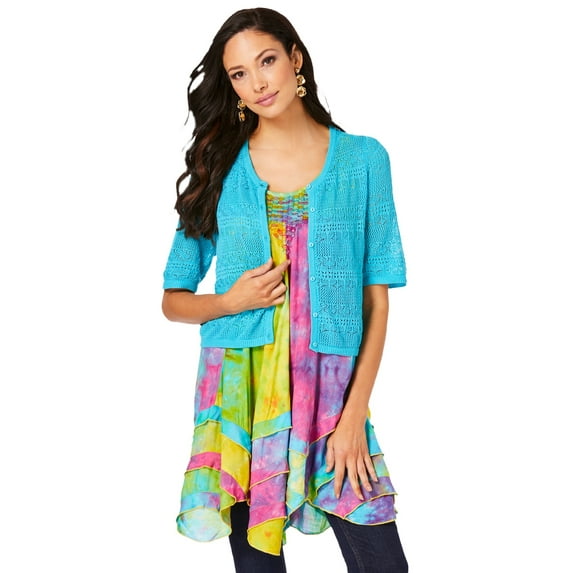 Roaman's Women's Plus Size Cropped Pointelle Short Sleeve Cardigan Sweater