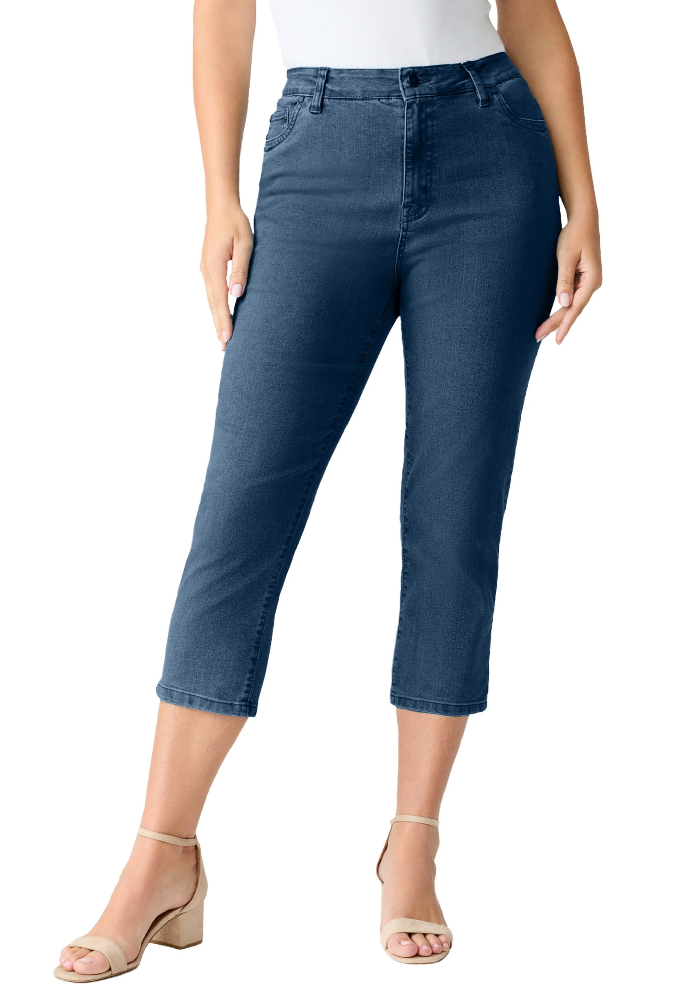 Plus Size Rolled Hem High Waist Denim Capri Jeans
