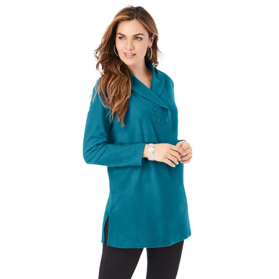 Roaman's Women's Plus Size Double Button Sherpa Fleece Tunic