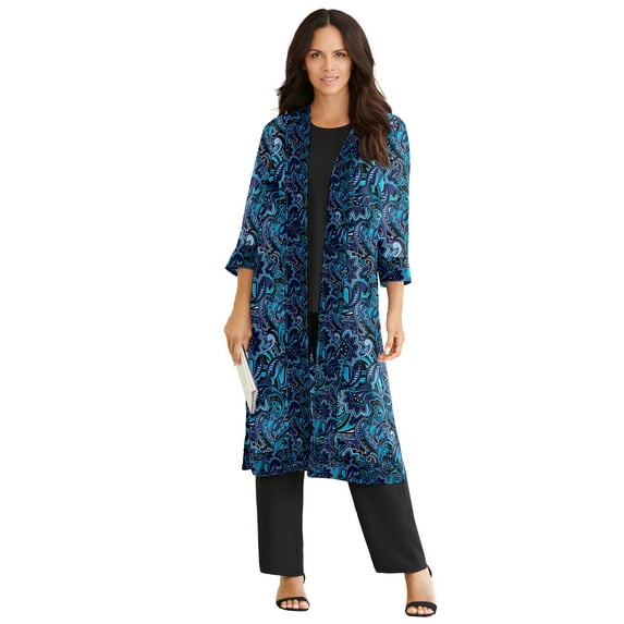 Roaman's Women's Plus Size Plus-Size 3/4 Sleeve 3 Piece Ity Printed Duster Pant Set
