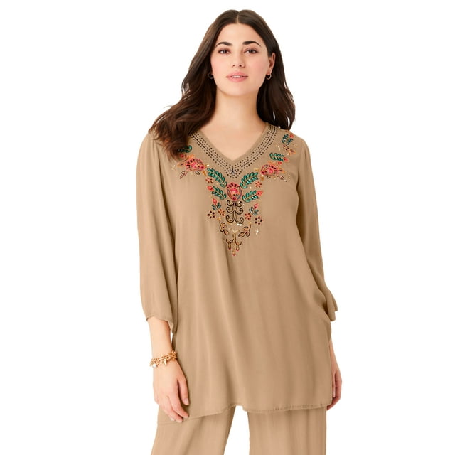 Roaman's Women's Plus Size Embellished Crinkle Tunic