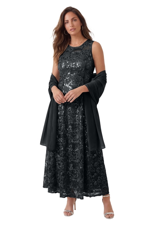 Women's Plus Size Plus-Size Allover Lace Embellished Shawl Gown