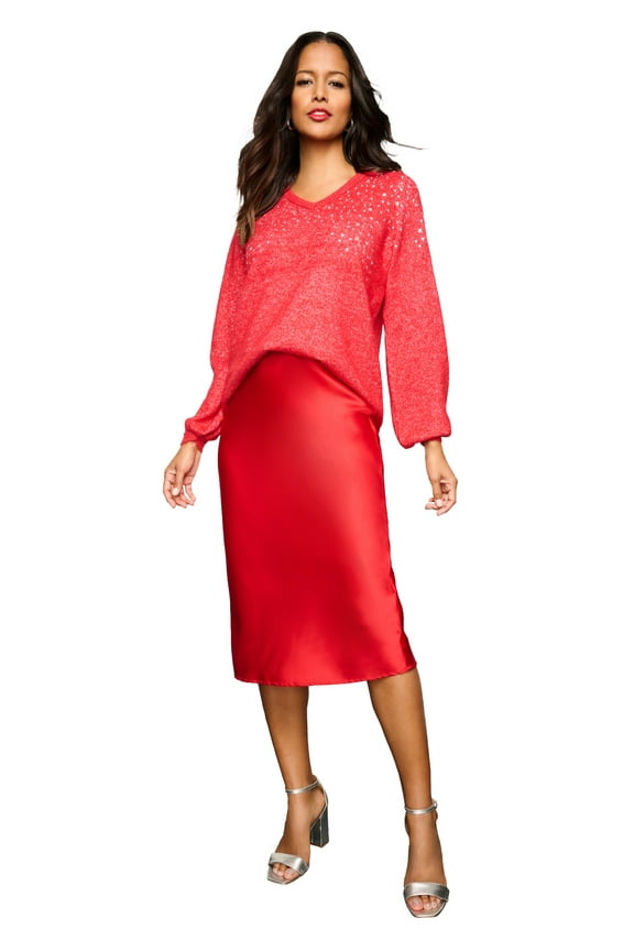 Women's Plus Size Embellished Pullover Sweater With Blouson Sleeves