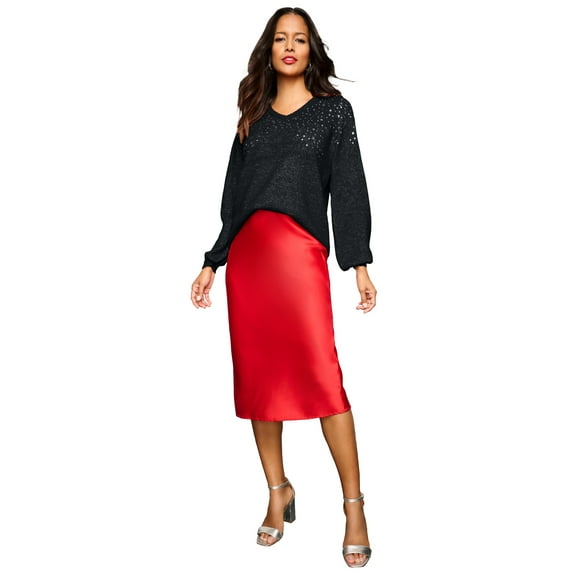 Roaman's Women's Plus Size Embellished Pullover Sweater With Blouson Sleeves