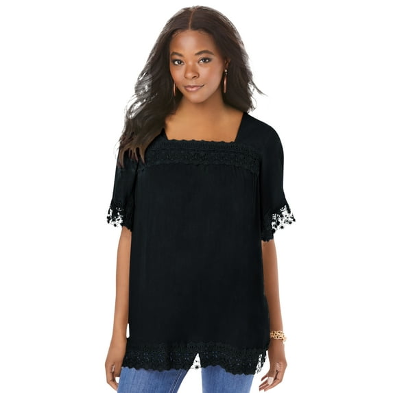 Roaman's Women's Plus Size Hand Crinkled Embroidered Lace Top