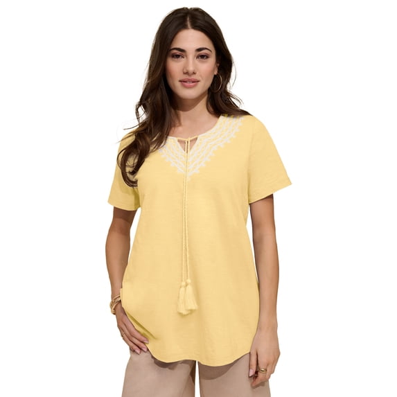 Roaman's Women's Plus Size Embroidered Notch-Neck Tassel Tunic