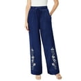 thumbnail image 1 of Roaman's Women's Plus Size Embroidered Pull-On Wide-Leg Chambray Pant, 1 of 6