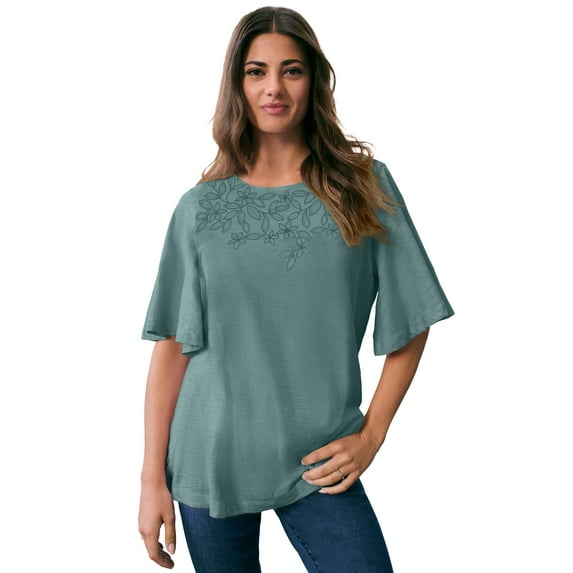 Roaman's Women's Plus Size Embroidered Slub Tee