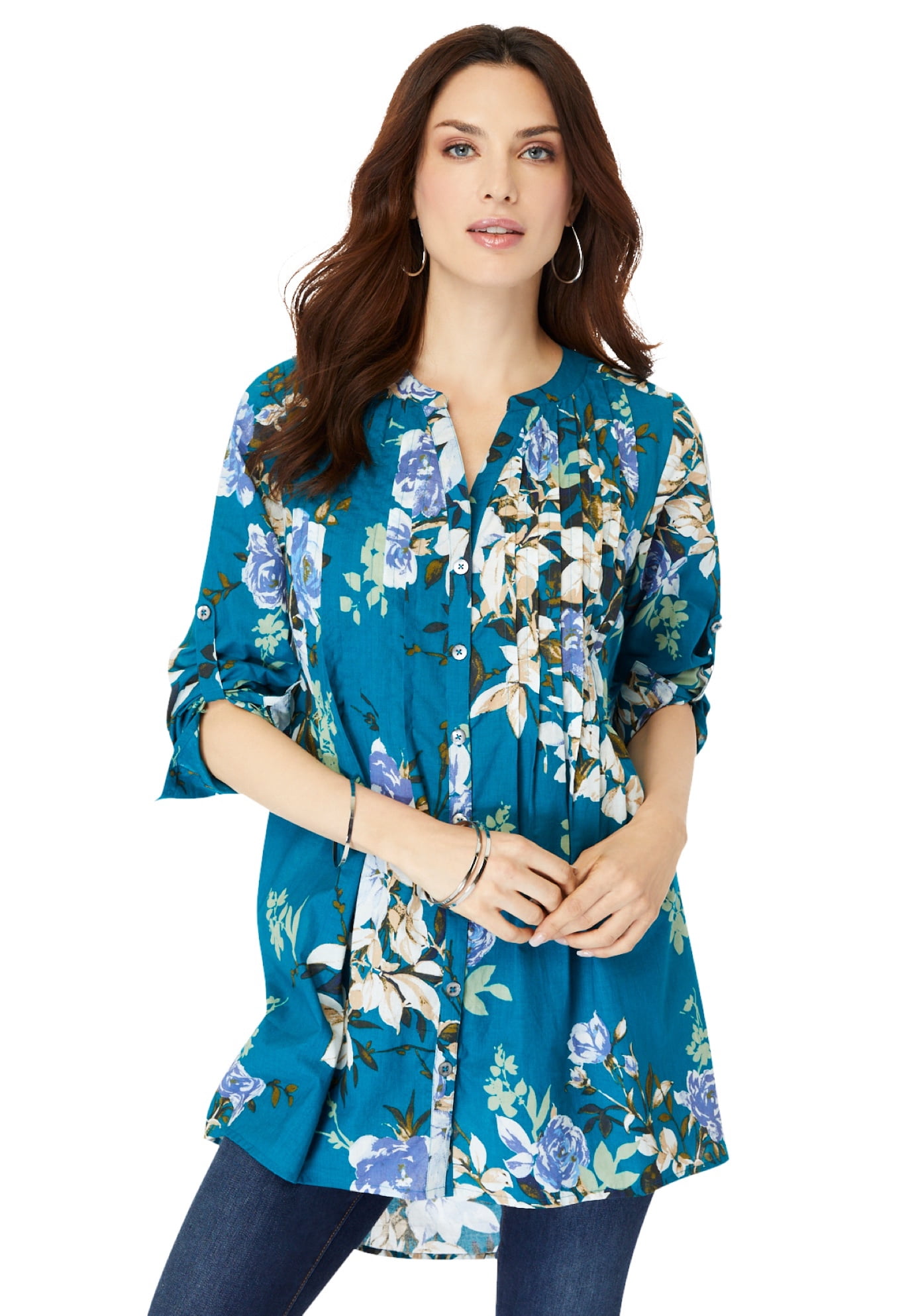 Roaman's Women's Plus Size English Floral Big Shirt Button Down Tunic