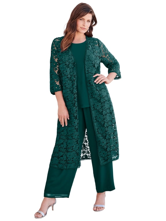 Women's Plus Size Extended Plus Size 3-Piece Allover Lace Duster Pant Set – Formal Wear