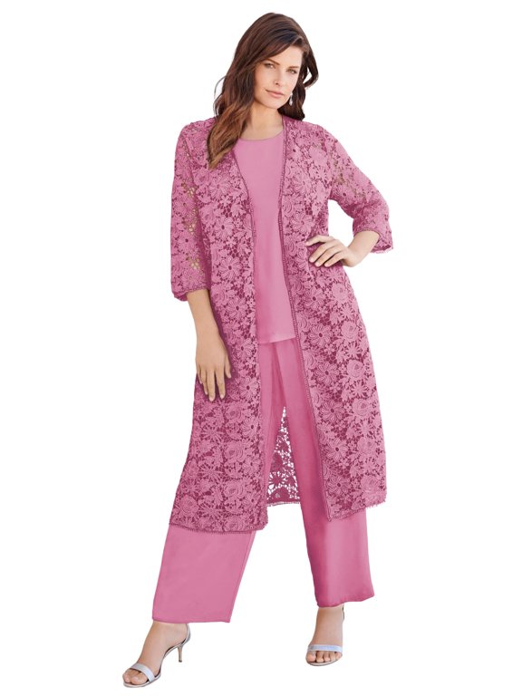 Women's Plus Size Extended Plus Size 3-Piece Allover Lace Duster Pant Set – Formal Wear