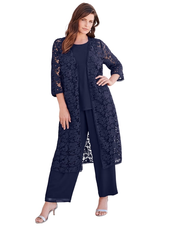 Women's Plus Size Extended Plus Size 3-Piece Allover Lace Duster Pant Set – Formal Wear