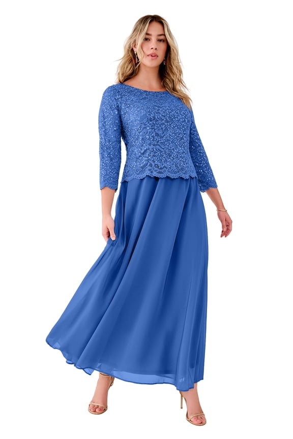 Women's Plus Size Extended Plus Size Sequin Lace Three Quarter Sleeve A-Line Gown