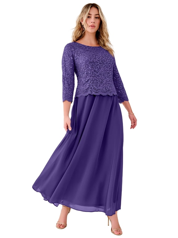 Women's Plus Size Extended Plus Size Sequin Lace Three Quarter Sleeve A-Line Gown