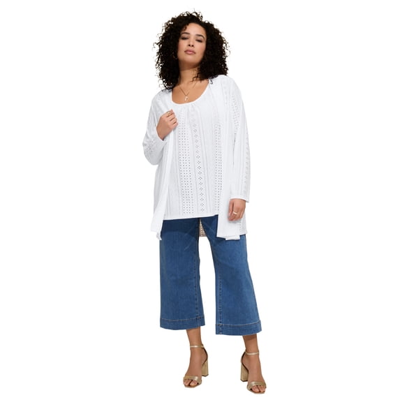 Roaman's Women's Plus Size Eyelet Long Sleeve Cardigan & Tank Set
