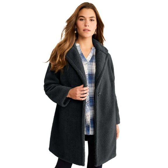 Roaman's Women's Plus Size Mid Length Teddy Faux Fur Coat