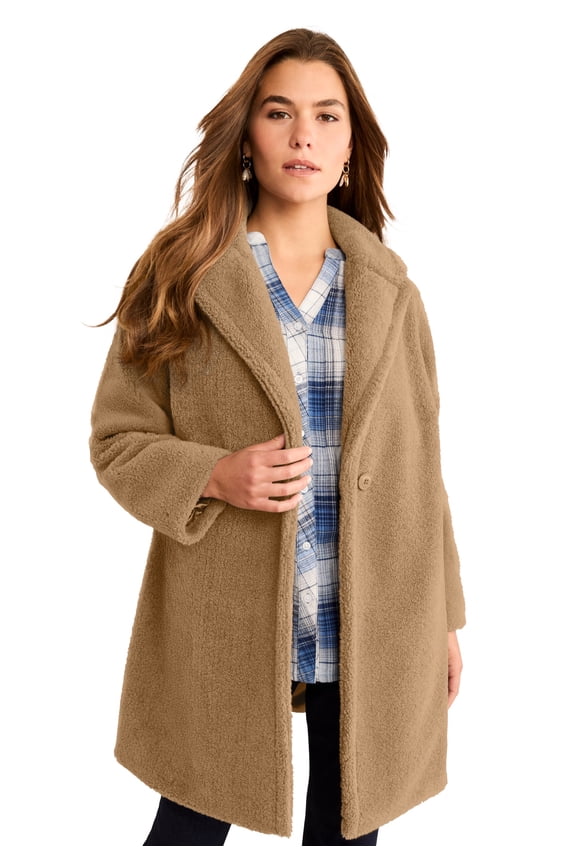 Women's Plus Size Mid Length Teddy Faux Fur Coat