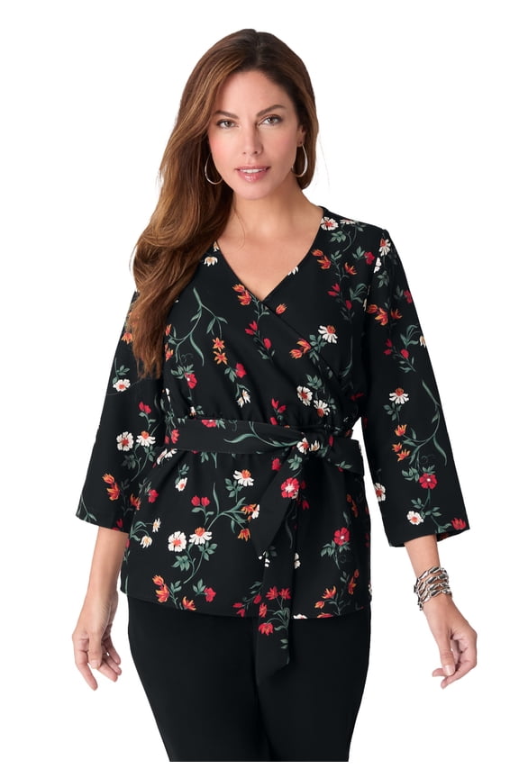 Women's Plus Size Faux Wrap Tie Bi-Stretch Blouse