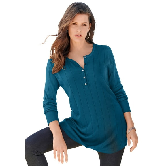 Roaman's Women's Plus Size Drop Needle Henley Lightweight Sweater Knit