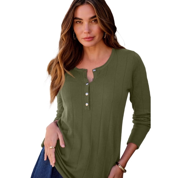 Roaman's Women's Plus Size Drop Needle Henley Lightweight Sweater Knit