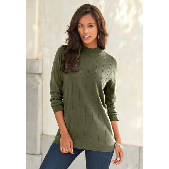 Roaman's Women's Plus Size Drop Needle Mockneck Lightweight Sweater Knit