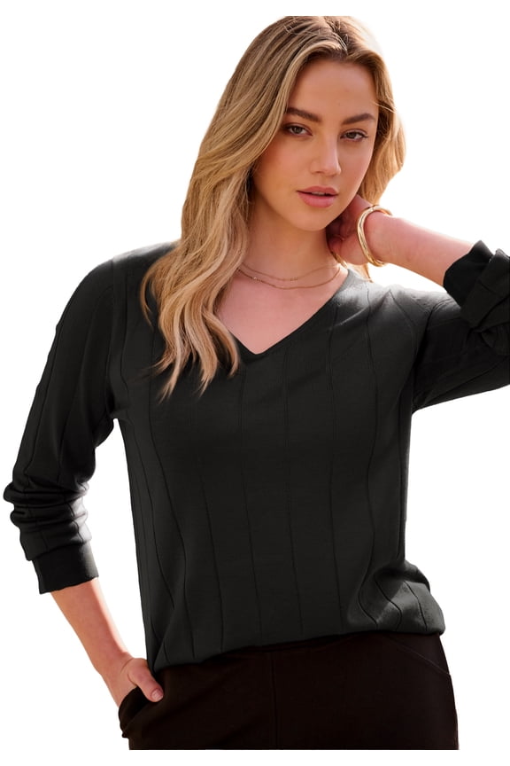 Women's Plus Size Drop Needle V-Neck Lightweight Sweater Knit