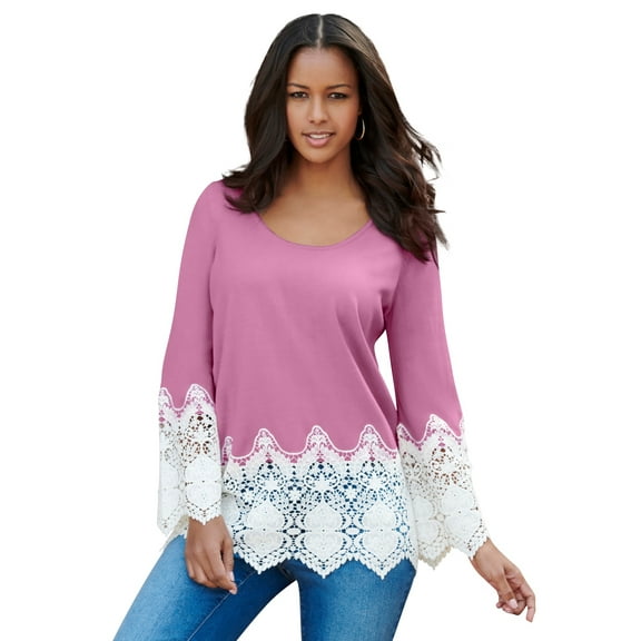 Roaman's Women's Plus Size Fine Gauge Lace Pullover Sweater