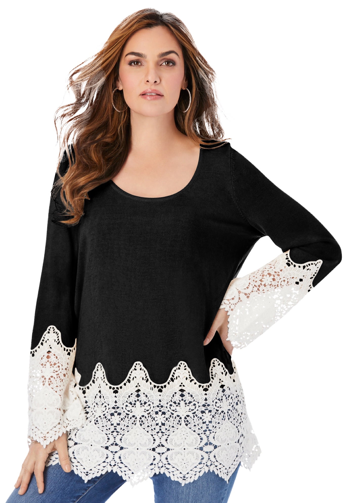 Roaman's Fine Gauge Lace Pullover Sweater - 34/36, White