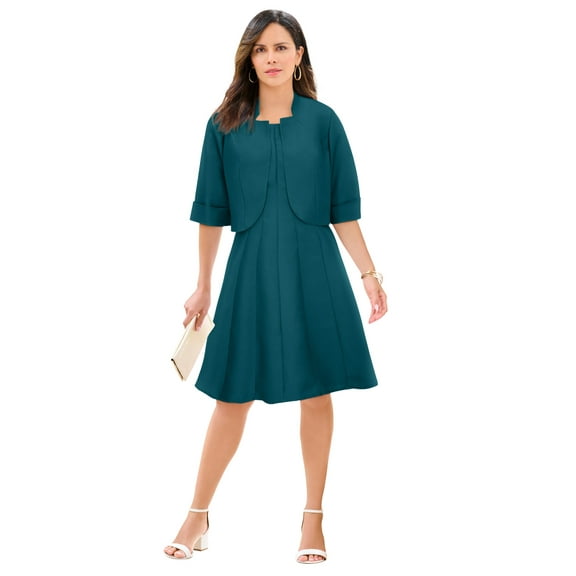 Roaman's Women's Plus Size Elbow Sleeve Fit-And-Flare Dress With Bolero Jacket – 2-Piece Suit