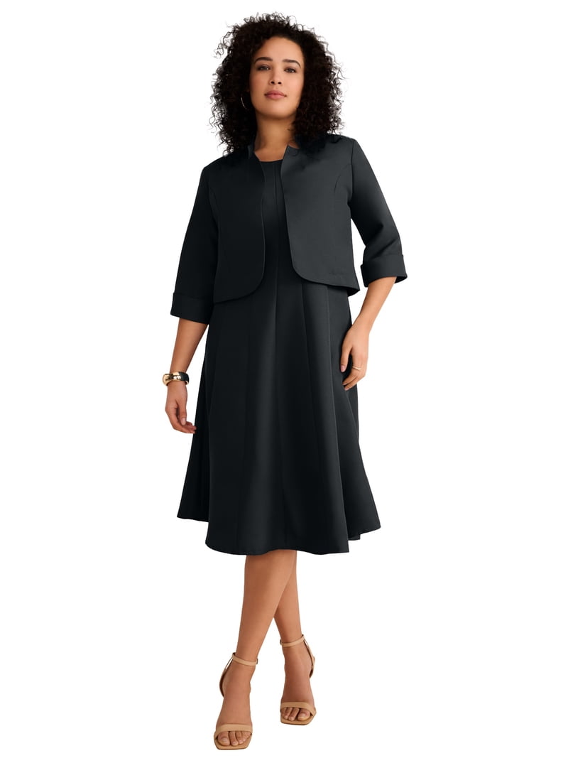 Roaman's Women's Plus Size Elbow Sleeve Fit-And-Flare Dress With Bolero Jacket – 2-Piece Suit