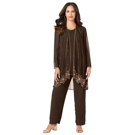 Roaman's Women's Plus Size Floral Beaded Pant Set
