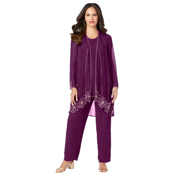 Roaman's Women's Plus Size Plus-Size Long Sleeve Floral Beaded Georgette Three-Piece Pant Set