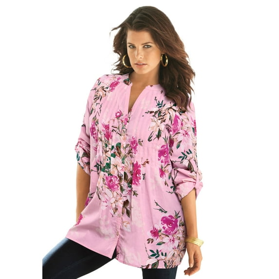 Roaman's Women's Plus Size Floral Y-Neck Pintuck Tunic – Adjustable Long Sleeve Button-Front, Relaxed Shirt Style